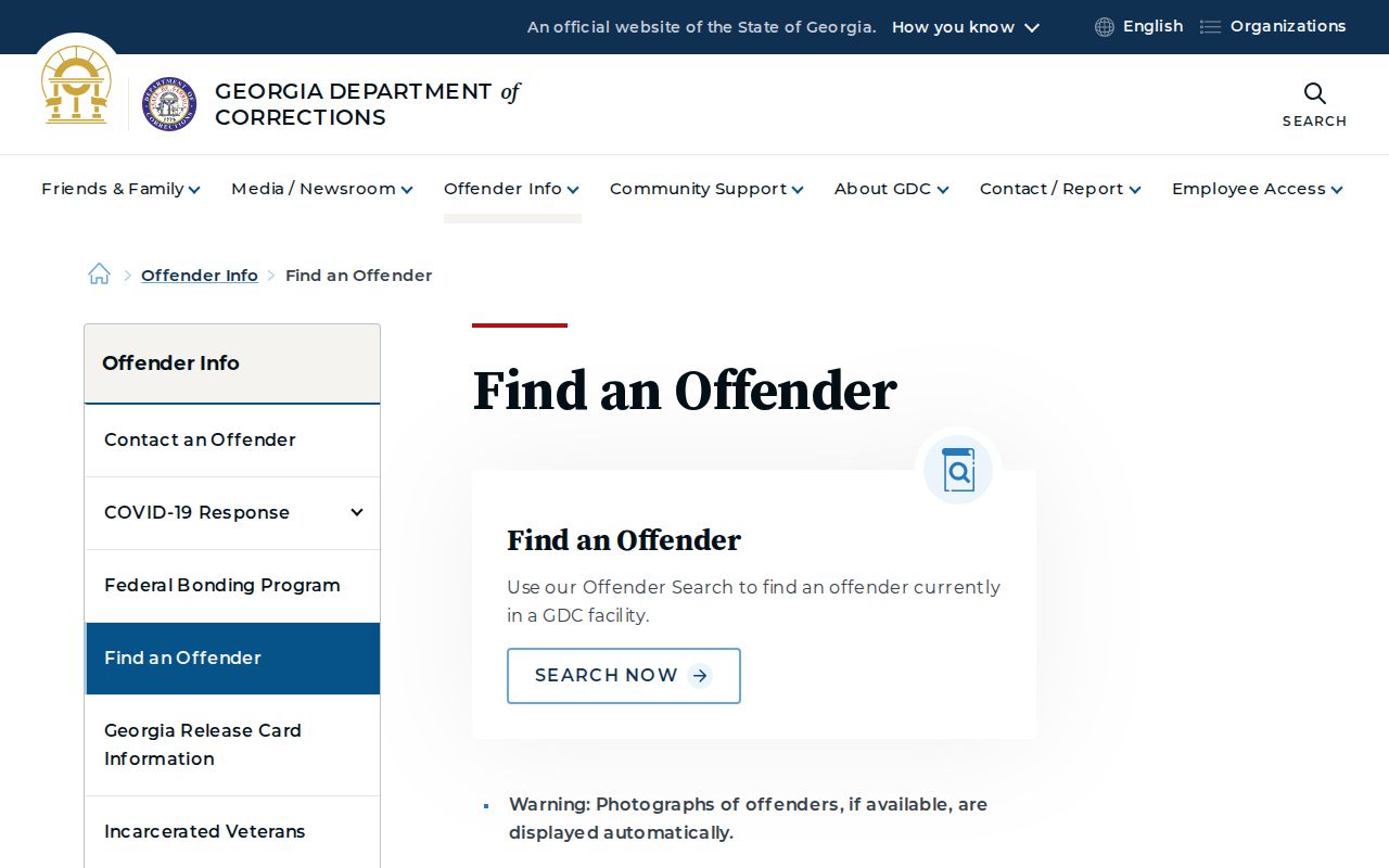 Georgia Department of Corrections Find an Offender search entry and disclaimer